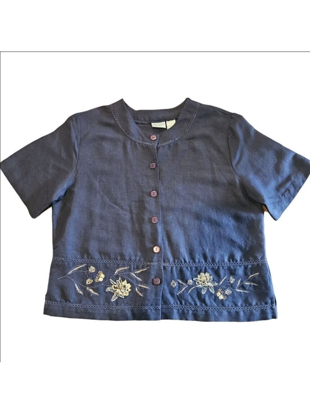 Koret Women's Vintage Navy Blue Button-down Embroidered Blouse, 12P, Linen/Rayon